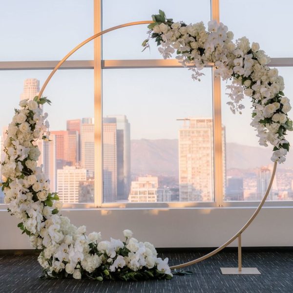 circle arch decor   wedding arch decor   dtla rooftop wedding   wedding flowers   phalaenopsis orchids   florals  flowers by lady buggs   photography  tnk photo   venue  sky studio