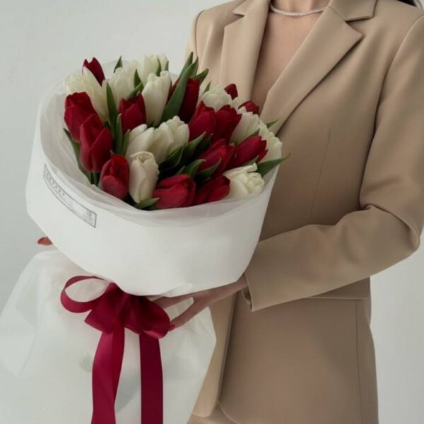 19 красно-белых тюльпанов в облаке