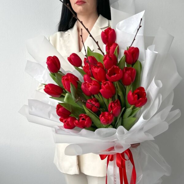 25 красных тюльпанов
